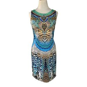 Venus Womens Medium Sleeveless Bodycon Dress Dramatic Animal Print Rhinestone